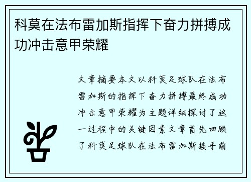 科莫在法布雷加斯指挥下奋力拼搏成功冲击意甲荣耀