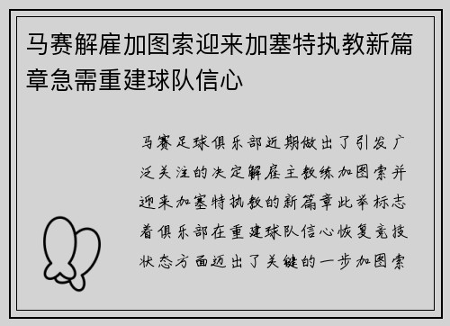 马赛解雇加图索迎来加塞特执教新篇章急需重建球队信心